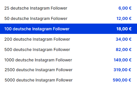 Preisübersicht Instagram Follower