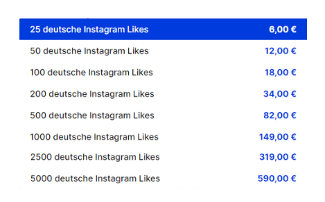 Preisübersicht Instagram Likes